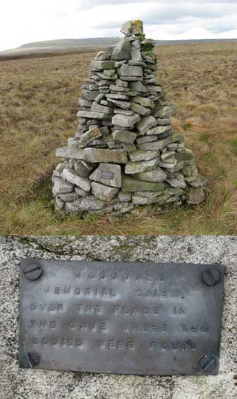 Mossadale memorial cairn - inscription reads 'Mossdale memorial cairn - over the place in the cave where the bodies were found'